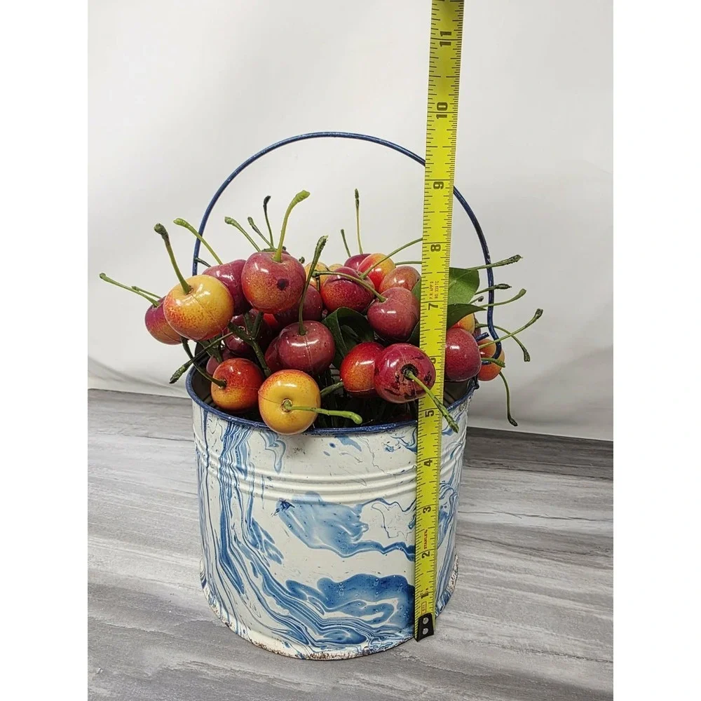 Artificial Cherries Fruit Decor Photo Props Red‎ Blue Metal Pail VINTAGE Granny